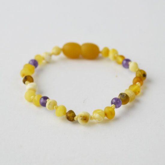 Teething amber bracelet amethyst raw beads