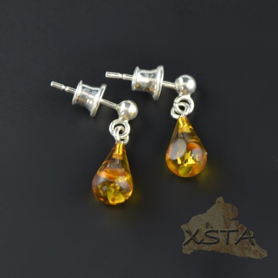 Drop shape amber earrings cognac color