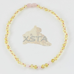 Teething amber necklace with pink quartz pure Teething amber necklace with pink quartz pure