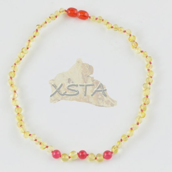 Teething amber necklace with pink garnet beads