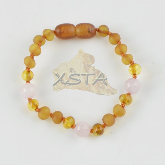 Teething amber bracelet with pink quartz