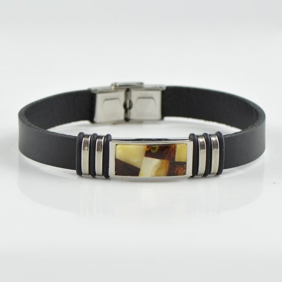 Black Leather Amber bracelet for men 