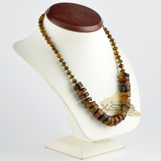 Green tabled bead amber necklace with baroque beads