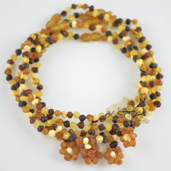 Raw multicolored amber necklace with flower