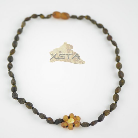 Raw medium green olive necklace with cognac flower